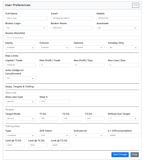 Autotrades User Preferences screen